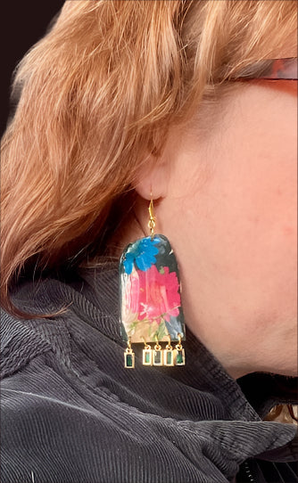 Floral Flower Fringe Organic Arch #062W25 Navy Blue Polymer Clay Red Green Blue Cream Orange Multi Color Dangle