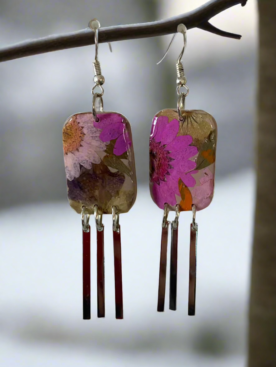 Floral #024W25 Stone Purple Multi Color Rectangular Dangle