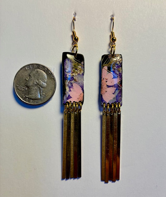 Organic Rectangle Black Multicolored Floral Dangle w/ Brass Fringe Earrings