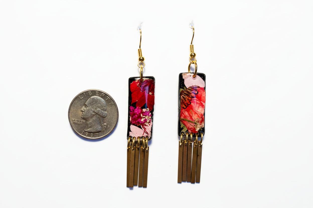 Organic Rectangle White Multi Floral Dangle w/ Brass Fringe Earrings