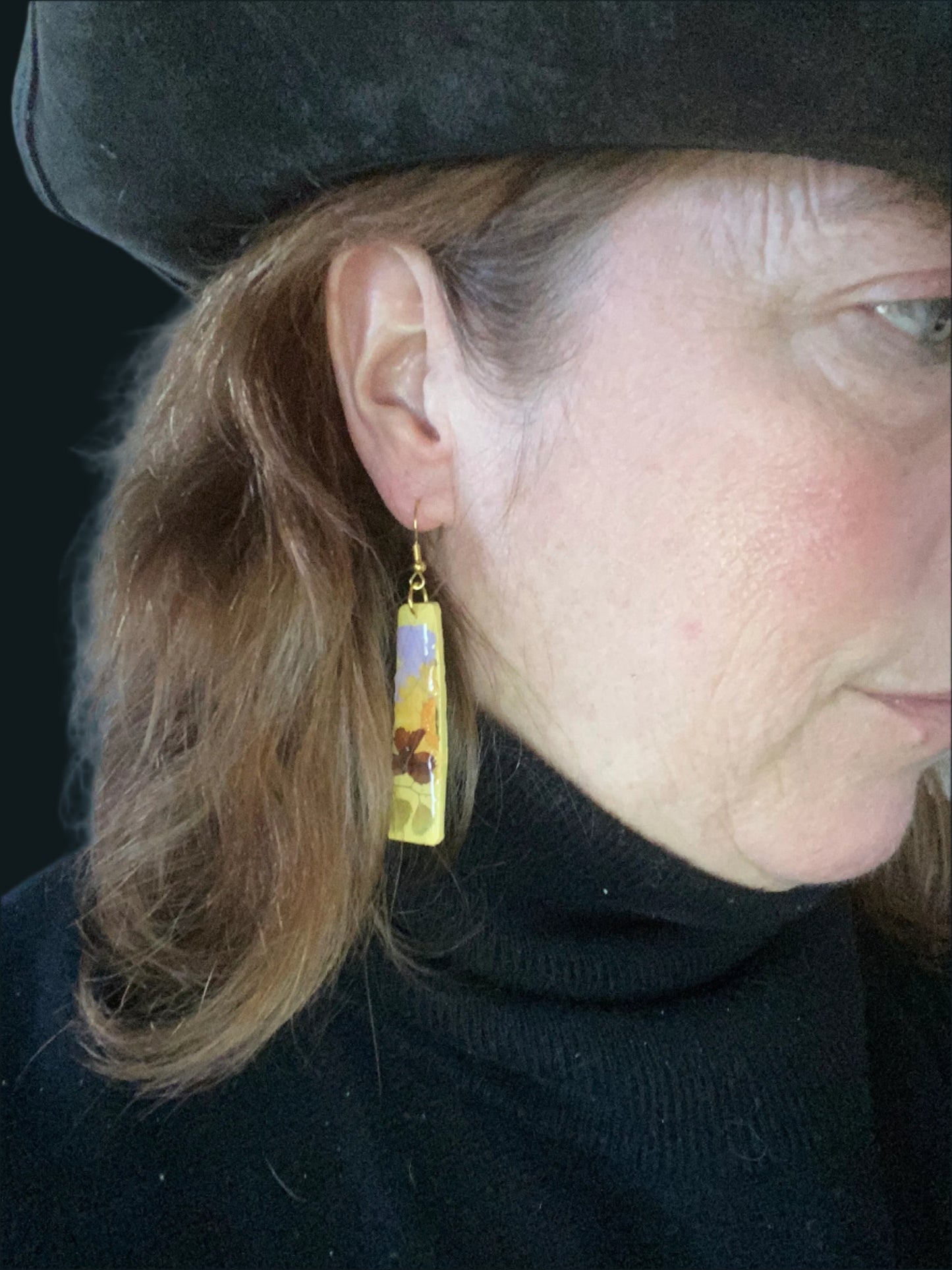 Floral #043F24 Yellow Multi Color Trapezoid Gold Dangle Earring
