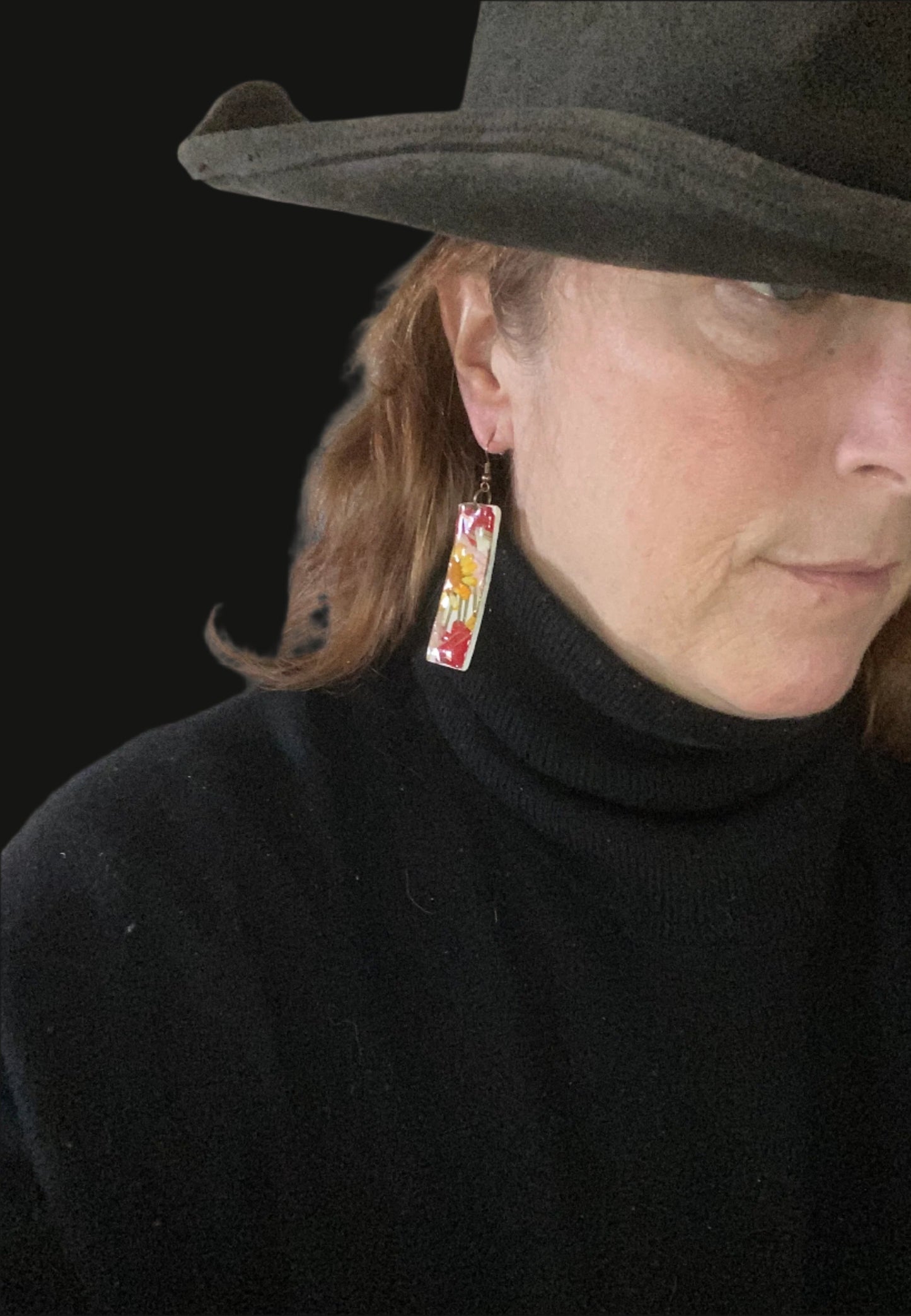 Floral #067F24 White Multi Red Yellow Organic Rectangle Dangle Earing
