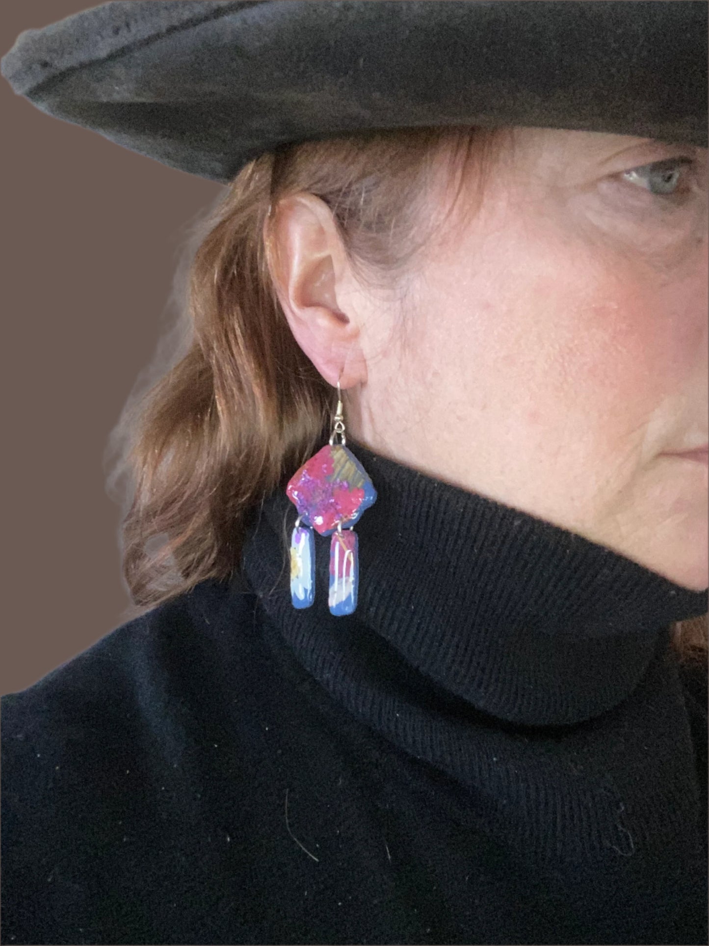 Floral Fringe Flower #042W25 Blue Polymer Clay Red Blue White Multi Color Silver Dangle