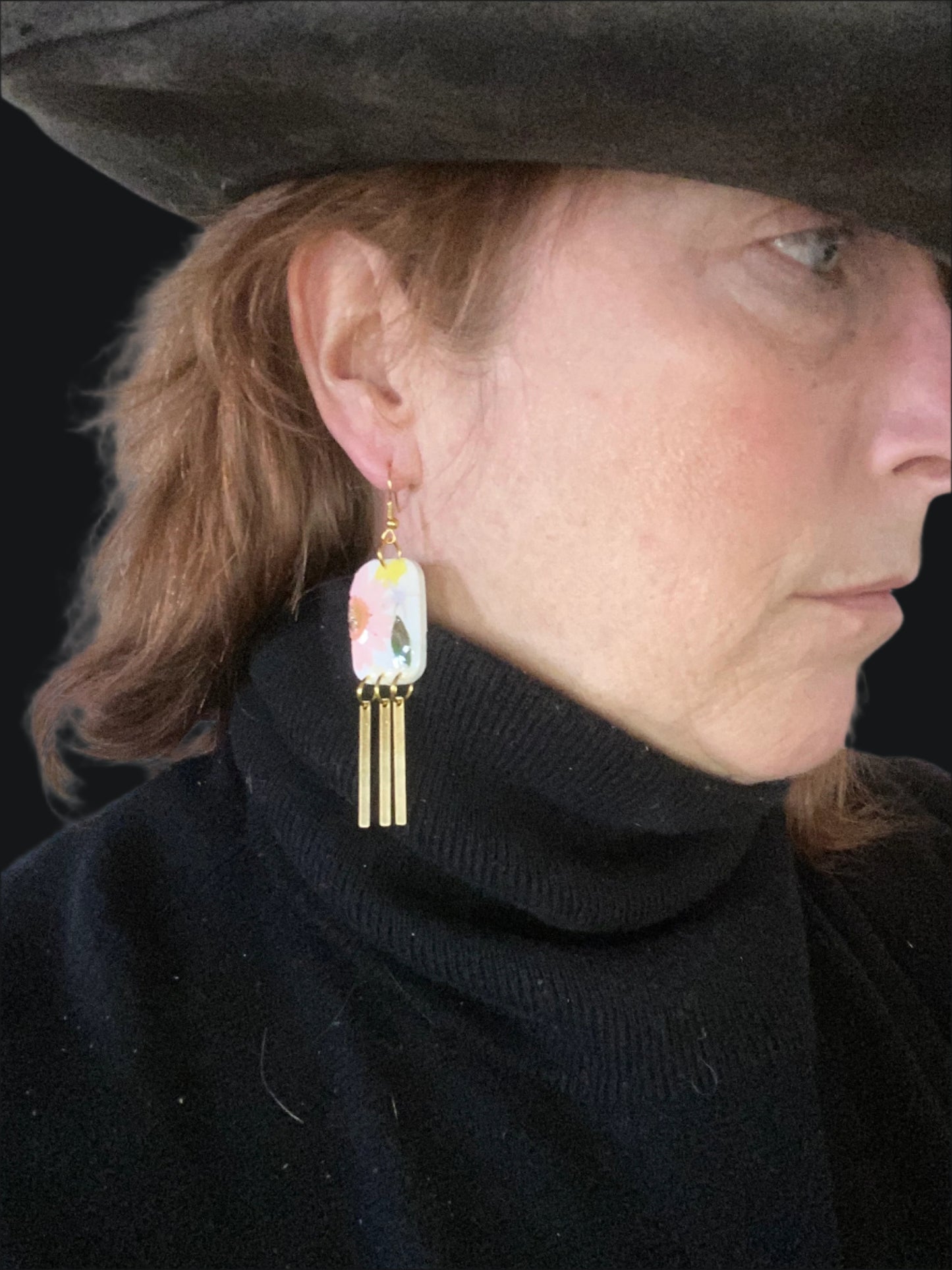 Floral #023F25 White Multi Color Rectangular Dangle