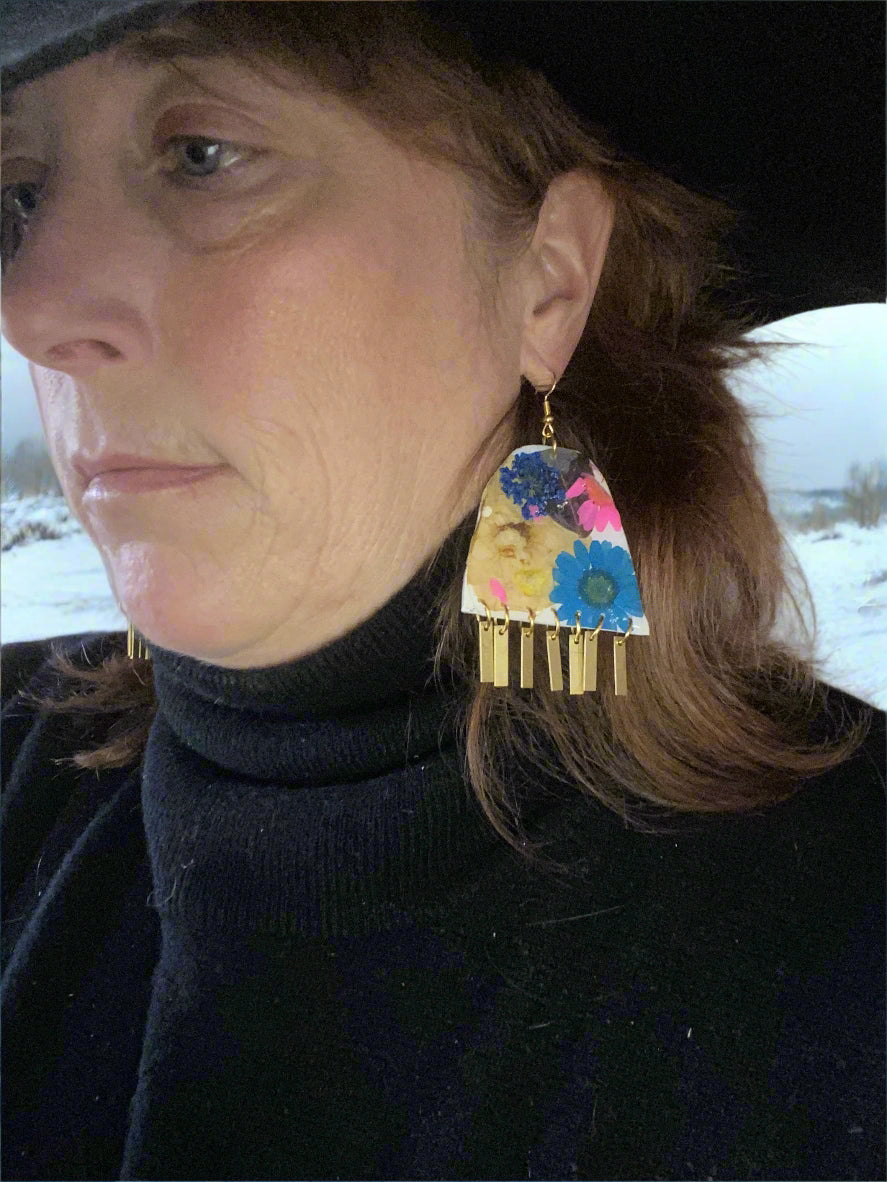 Floral #004F24 Large White Blue Pink Black Multi Fringe Organic Arch Shape Dangle Earrings