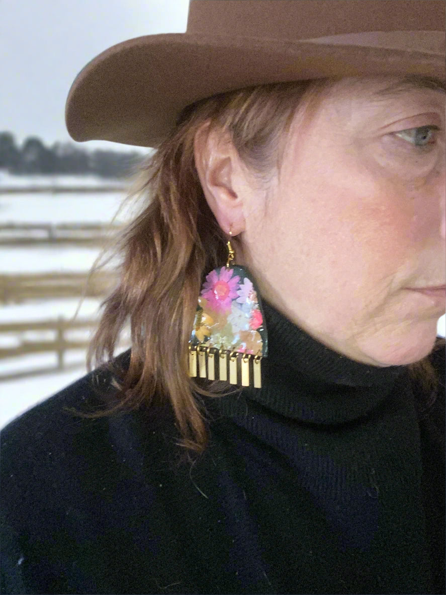 Floral #001F24 Large Forest Green Pink White Yellow Multi Fringe Organic Arch Shape Earrings
