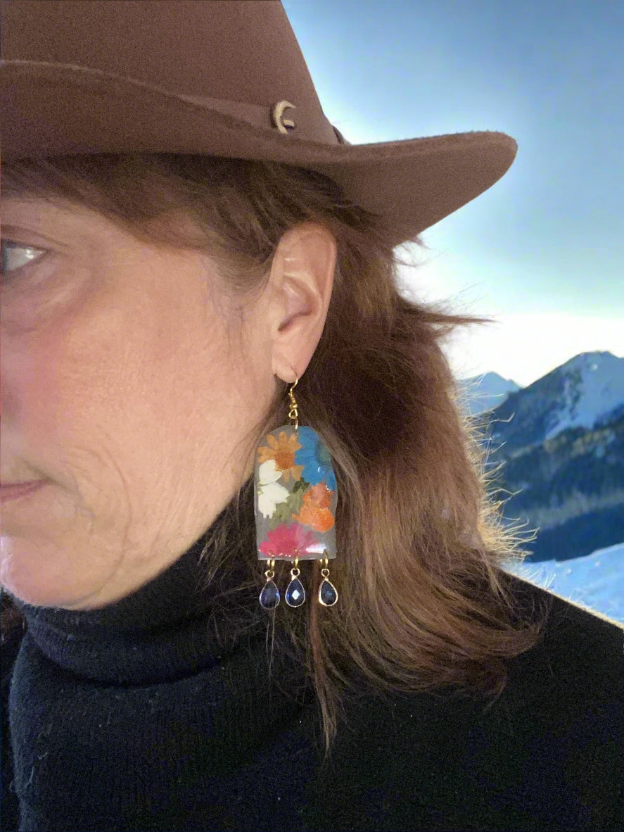 Floral Flower Fringe Organic Arch #064W25 Grey Polymer Clay Orange Green Blue Red White Dangle Earring