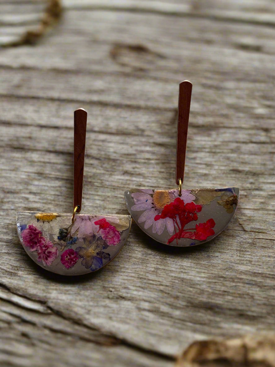 Floral #060W25 Organic Half Moon Stone Gray Multi Stud Dangle Earrings
