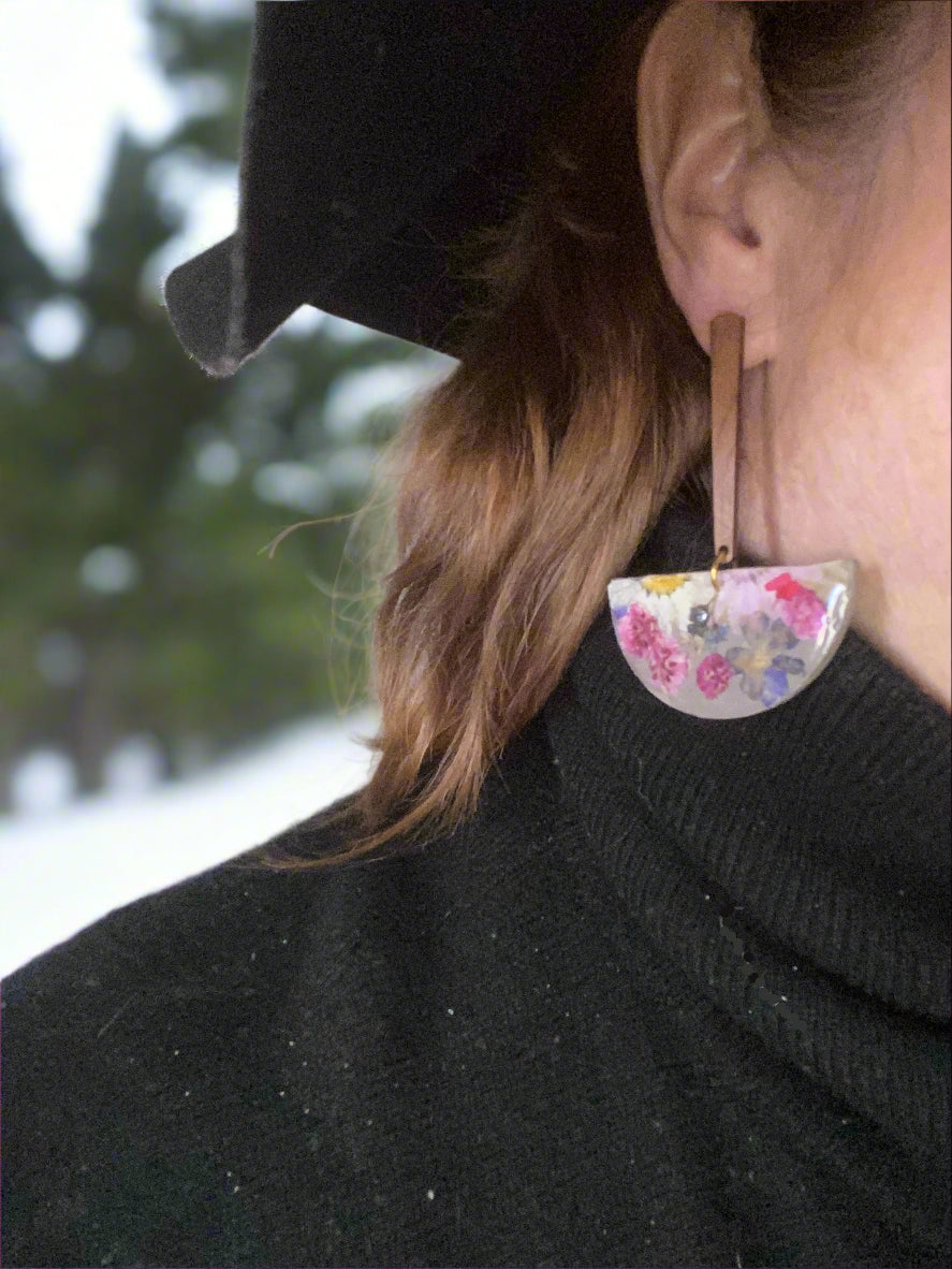 Floral #060W25 Organic Half Moon Stone Gray Multi Stud Dangle Earrings