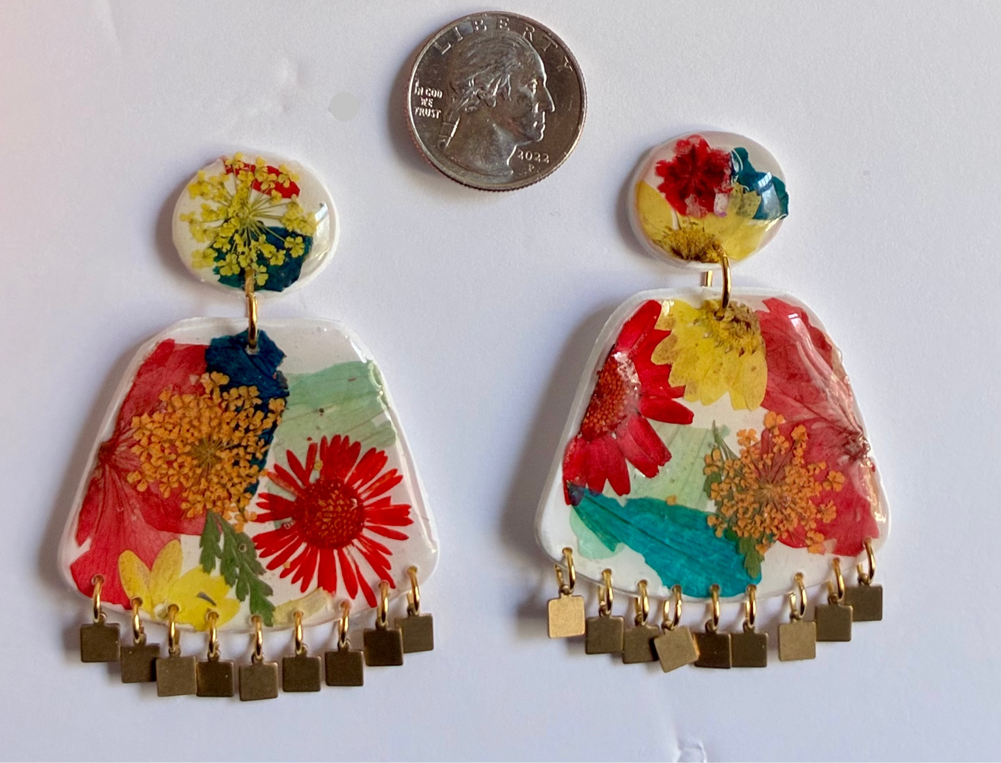 Floral Boho Dangle Square Fringe White Multi Floral