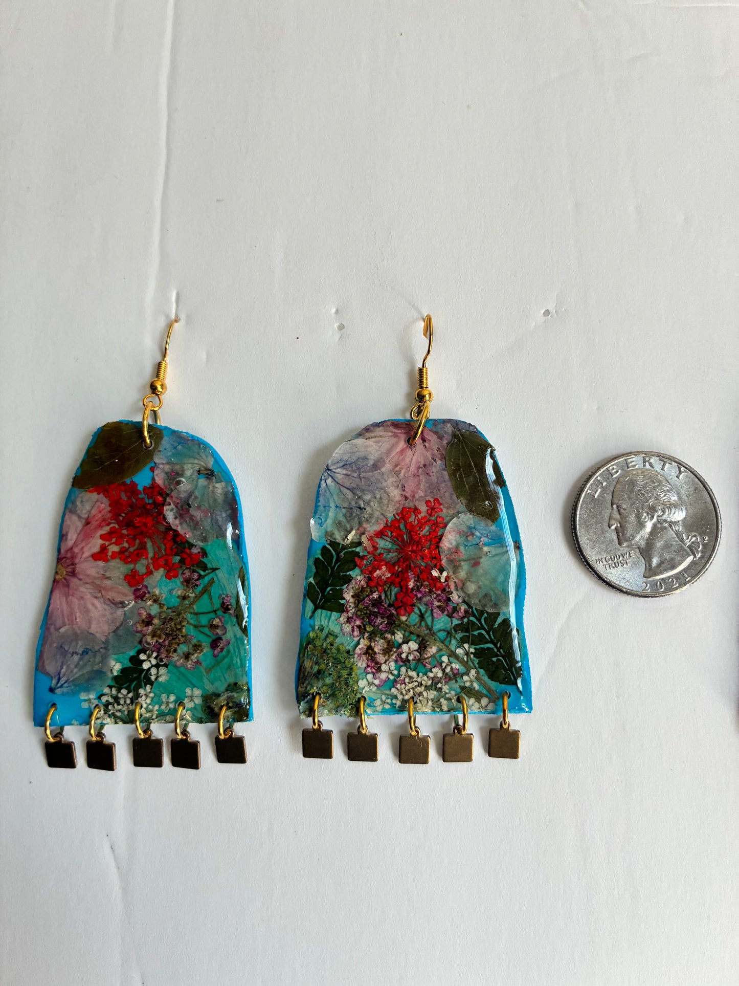 Floral Boho Dangle Square Fringe Sky Blue Multi Floral Earrings