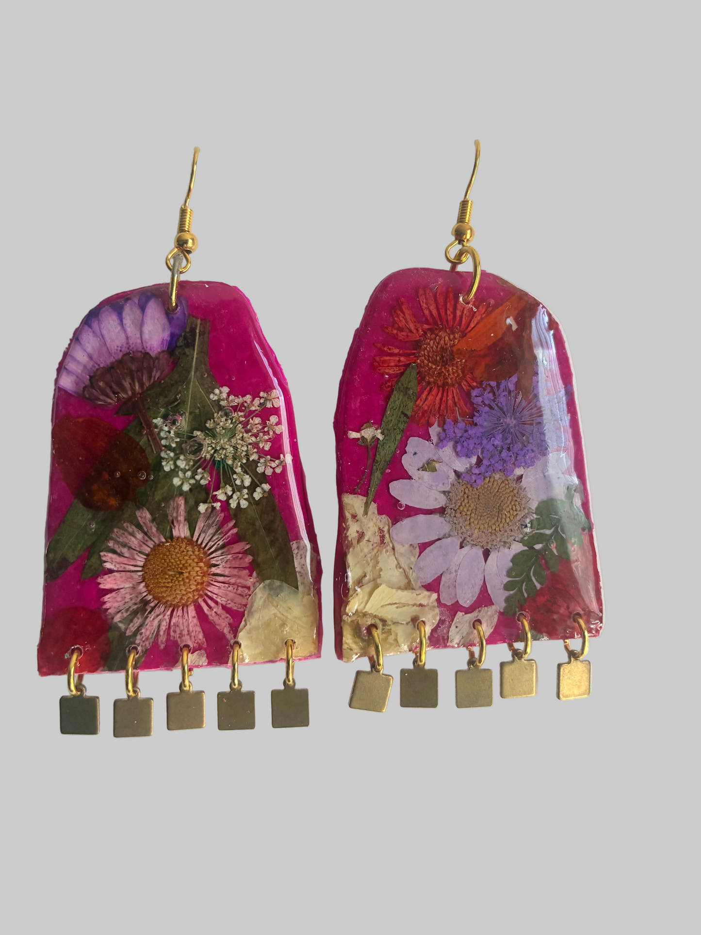 Floral Boho Dangle Square Fringe Fuchsia Multi Floral Earrings
