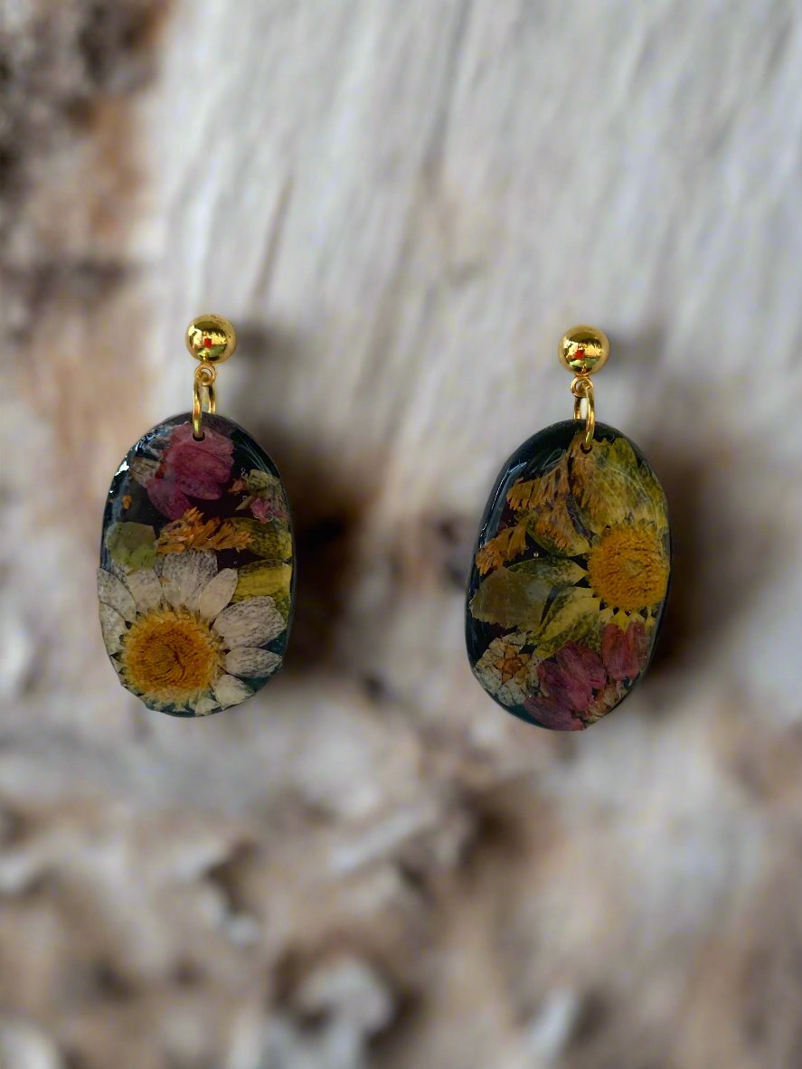Simple Floral #045F24 Black Multi Color Oval Stud Earring