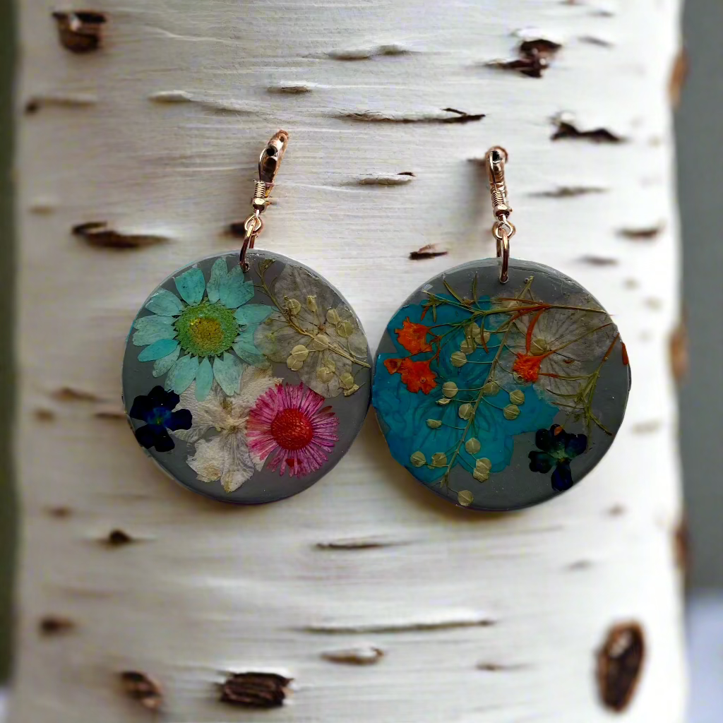 Simple Floral #009F24 Round Gray Blue White Pink Orange Multi Round Shape Dangle Earrings