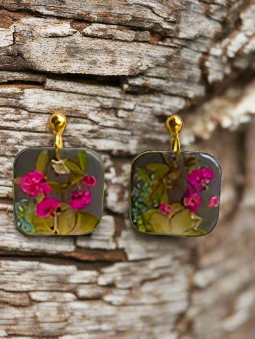 Simple Floral #044F24 Gray Multi Color Square Stud Earring