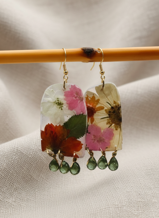Floral Flower Fringe Organic Arch #063W25 White Polymer Clay Orange Green Pink Cream Orange Multi Color Dangle