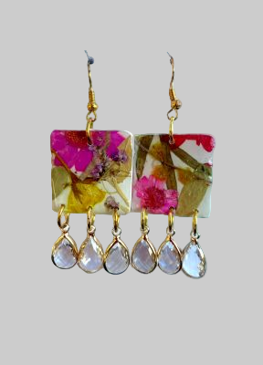 Floral Dangle Brown Polymer Clay Brass Fringe Earrings