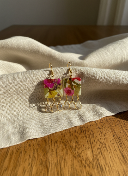 Floral Dangle Brown Polymer Clay Brass Fringe Earrings