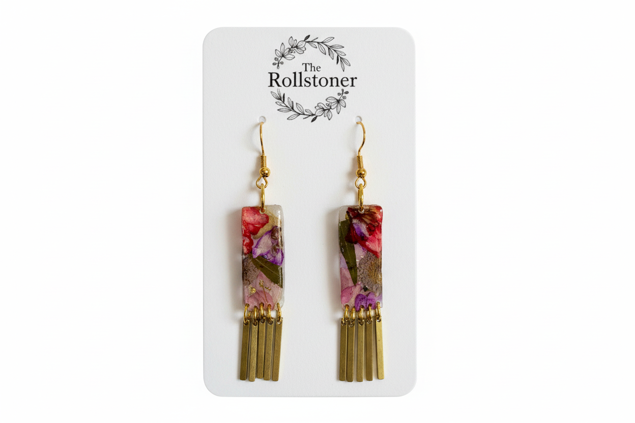 Organic Rectangle White Multi Floral Dangle w/ Brass Fringe Earrings