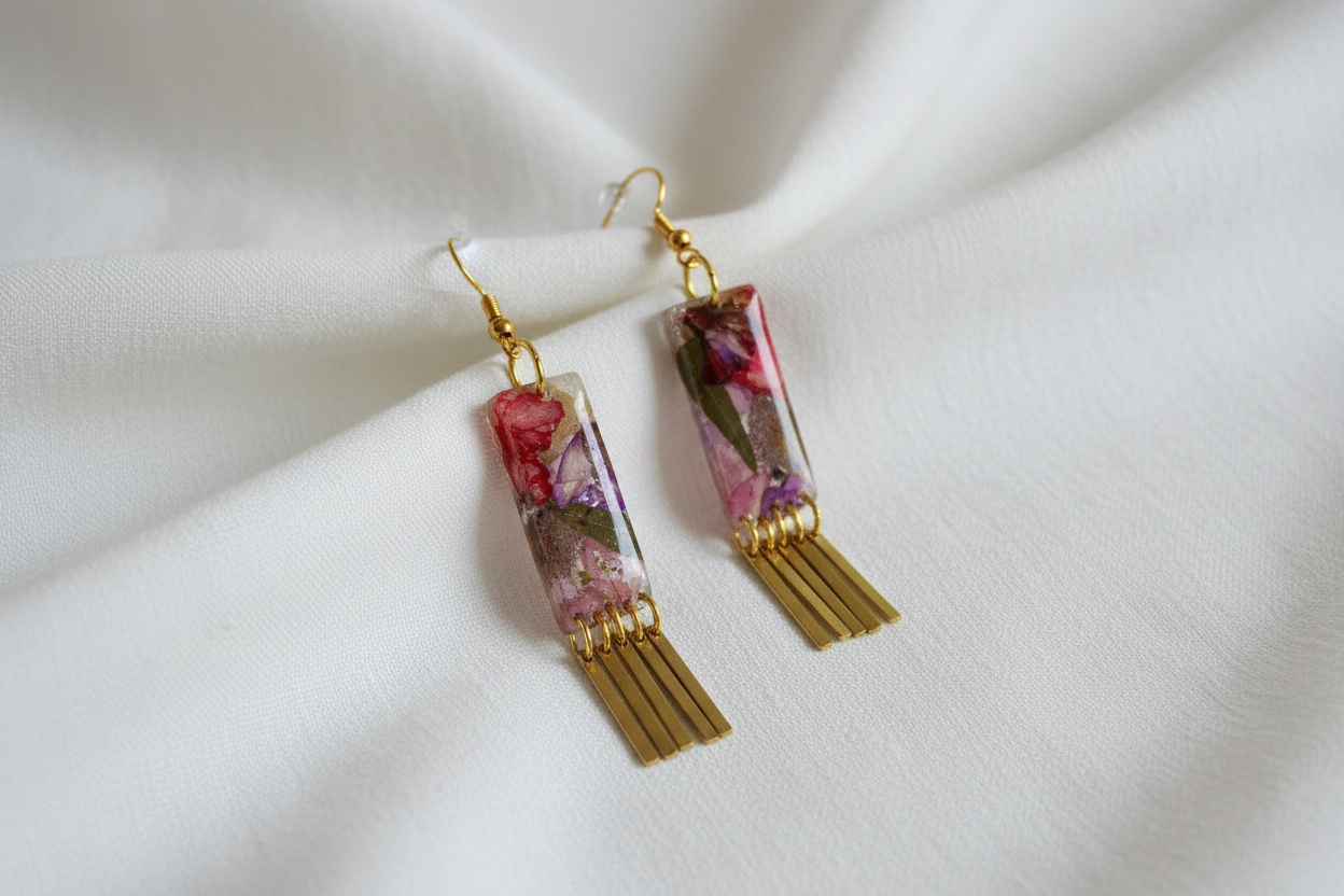 Organic Rectangle White Multi Floral Dangle w/ Brass Fringe Earrings