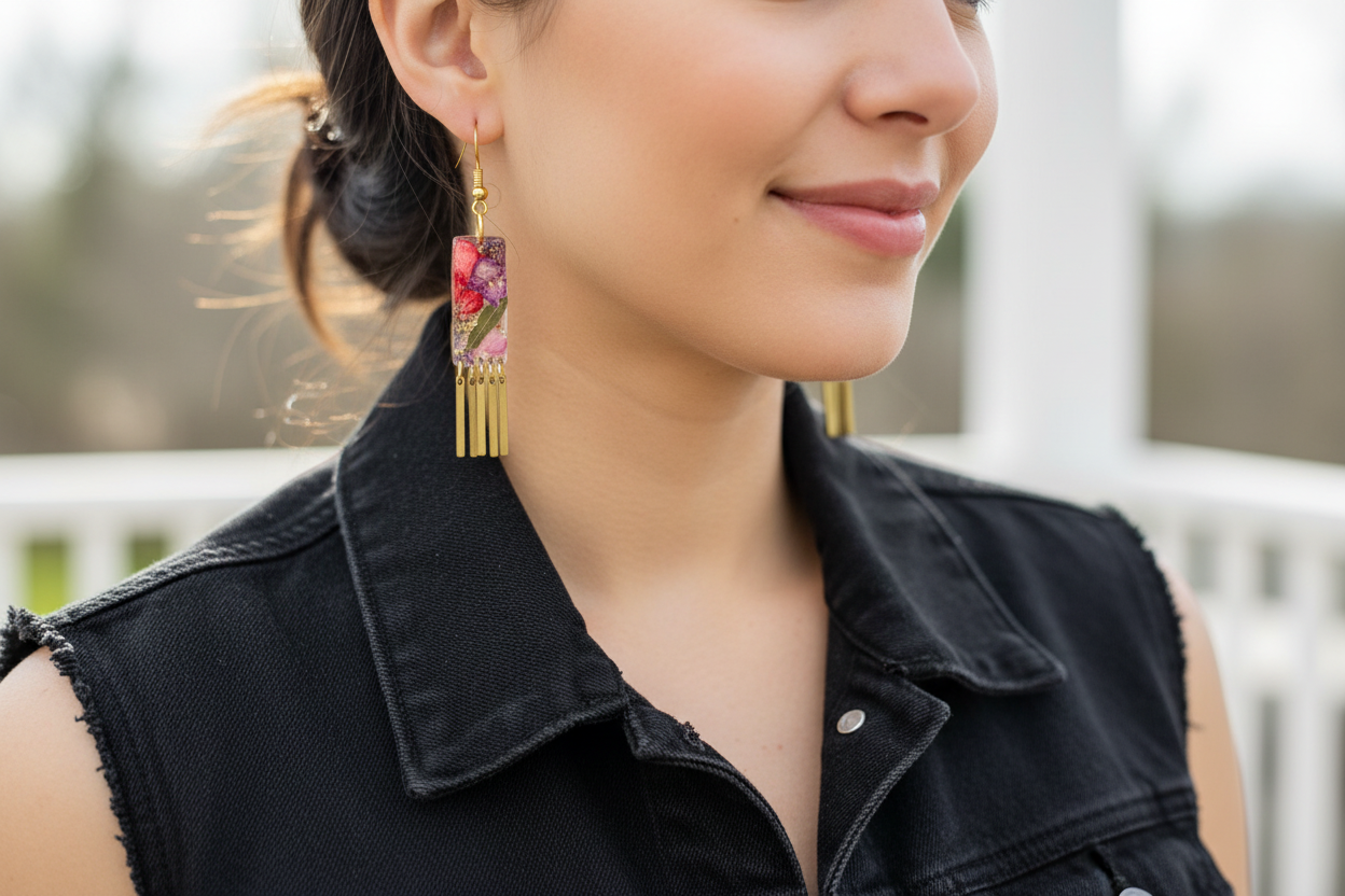 Organic Rectangle White Multi Floral Dangle w/ Brass Fringe Earrings
