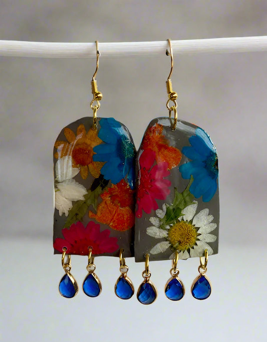 Floral Flower Fringe Organic Arch #064W25 Grey Polymer Clay Orange Green Blue Red White Dangle Earring