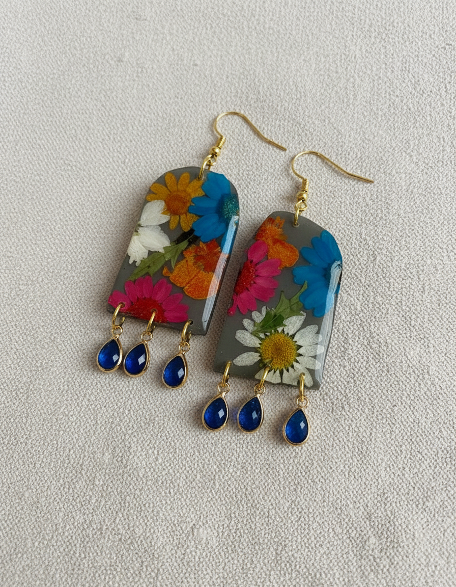 Floral Flower Fringe Organic Arch #064W25 Grey Polymer Clay Orange Green Blue Red White Dangle Earring