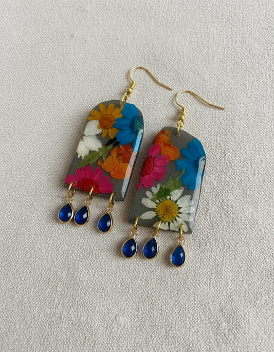 Floral Flower Fringe Organic Arch #064W25 Grey Polymer Clay Orange Green Blue Red White Dangle Earring
