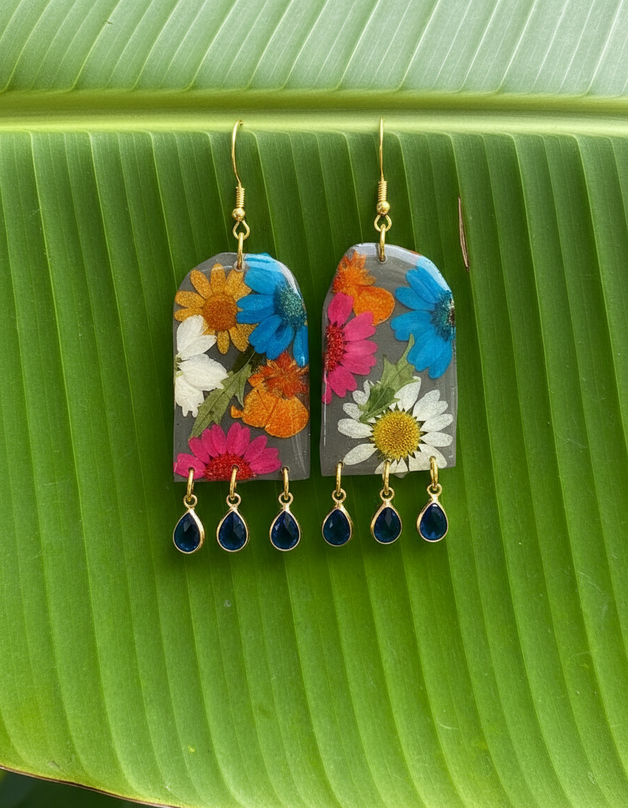 Floral Flower Fringe Organic Arch #064W25 Grey Polymer Clay Orange Green Blue Red White Dangle Earring