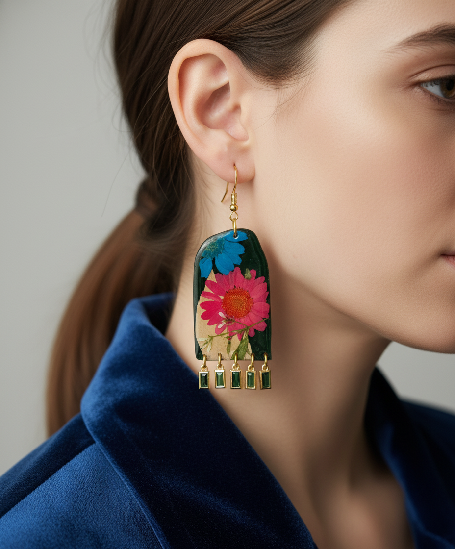 Floral Flower Fringe Organic Arch #062W25 Dark Green Blue Polymer Clay Red Green Blue Cream Orange Multi Color Dangle