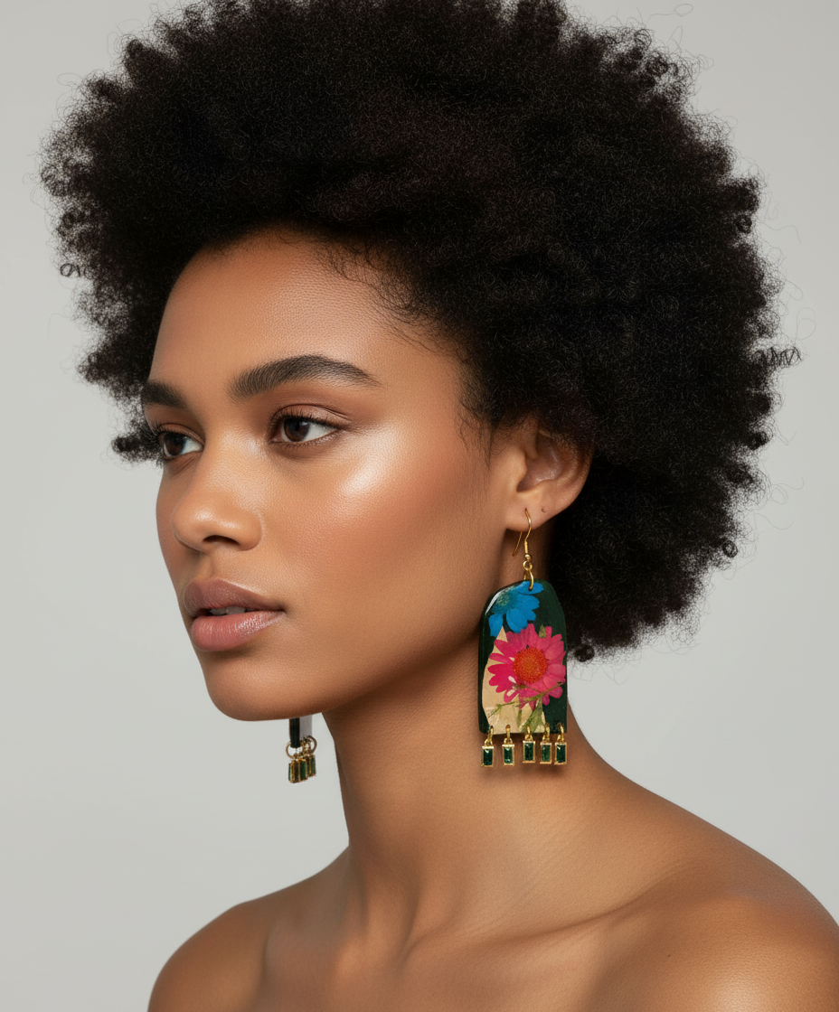 Floral Flower Fringe Organic Arch #062W25 Dark Green Blue Polymer Clay Red Green Blue Cream Orange Multi Color Dangle