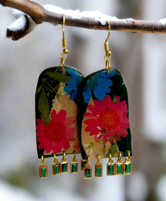 Floral Flower Fringe Organic Arch #062W25 Navy Blue Polymer Clay Red Green Blue Cream Orange Multi Color Dangle