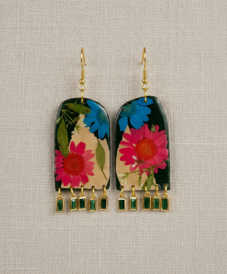 Floral Flower Fringe Organic Arch #062W25 Dark Green Blue Polymer Clay Red Green Blue Cream Orange Multi Color Dangle