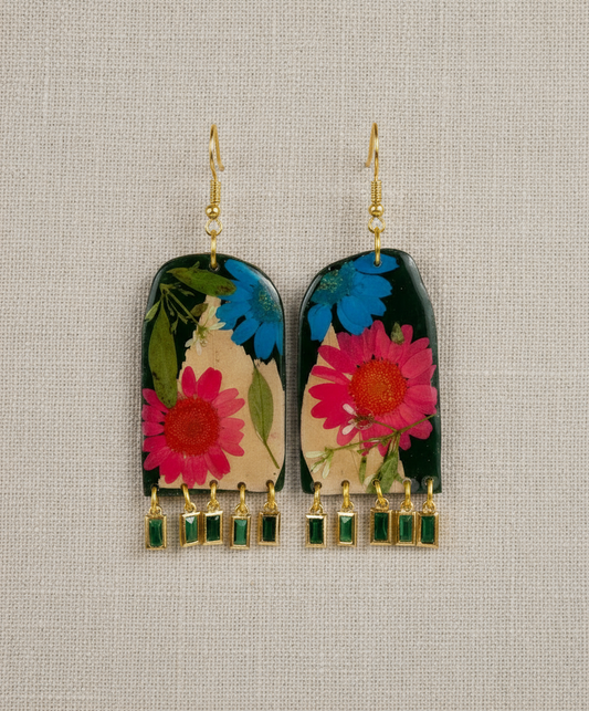 Floral Flower Fringe Organic Arch #062W25 Dark Green Blue Polymer Clay Red Green Blue Cream Orange Multi Color Dangle