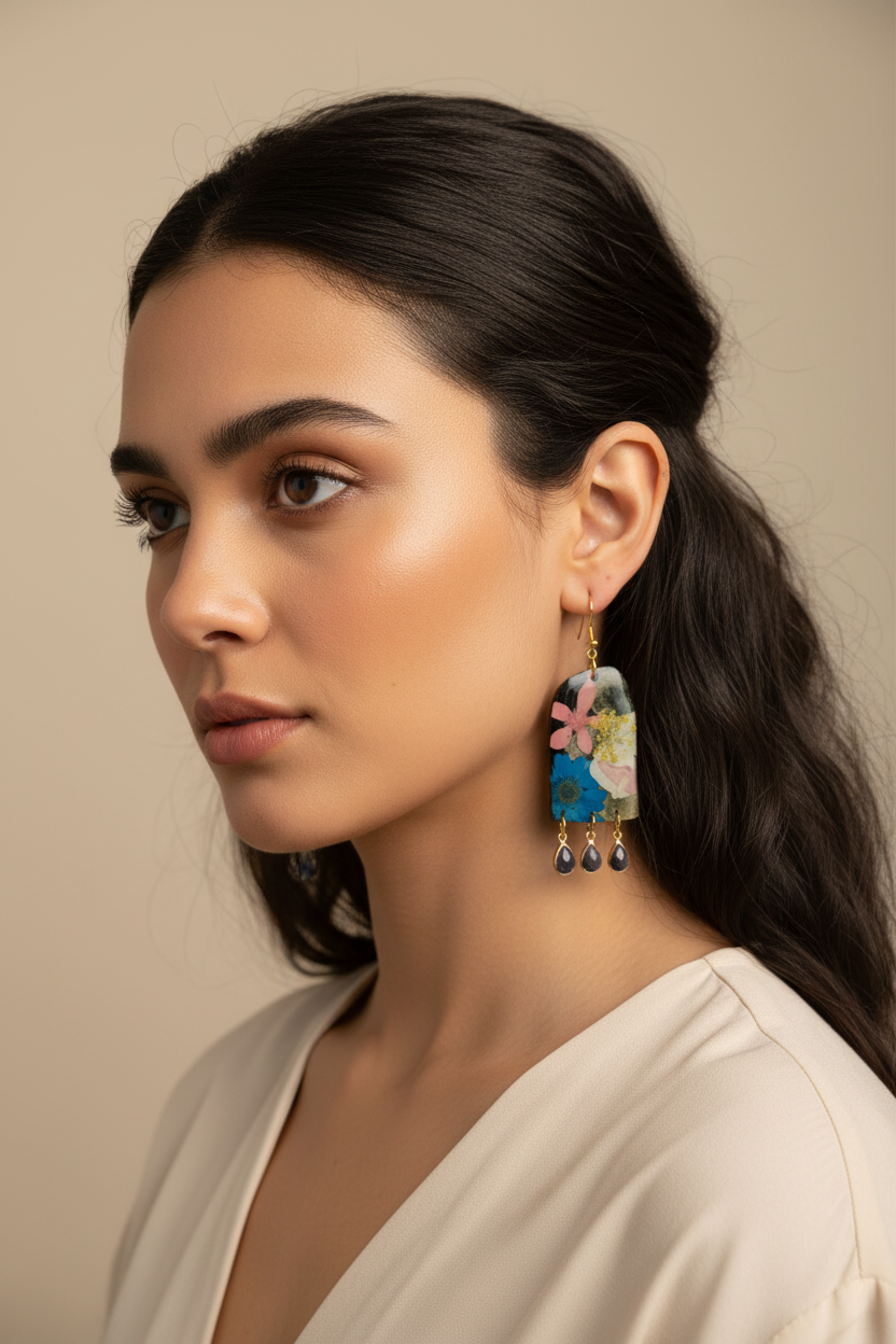 Floral Flower Fringe Organic Arch Black Polymer Clay Blue Yellow Pink White Multi Color Dangle