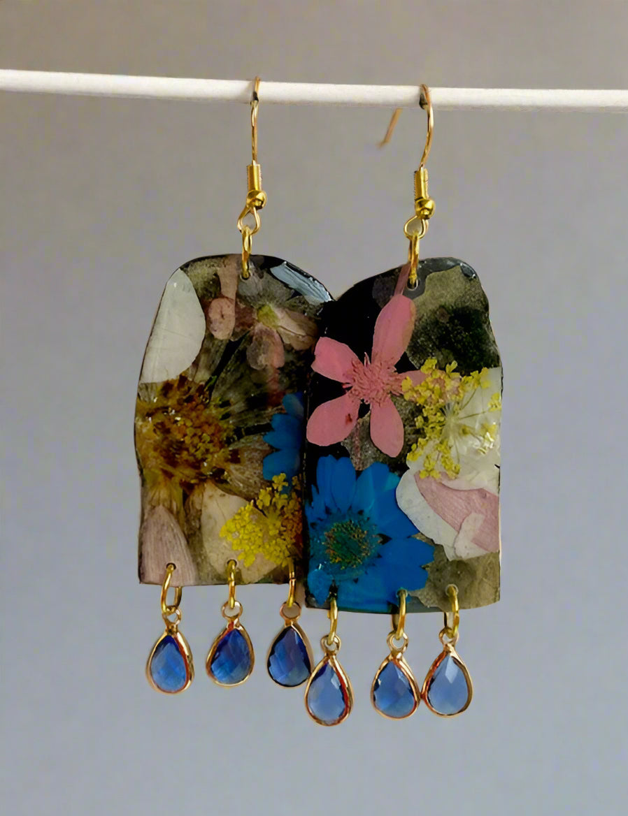 Floral Flower Fringe Organic Arch #060W25 Black Polymer Clay Blue Yellow Pink White Multi Color Dangle