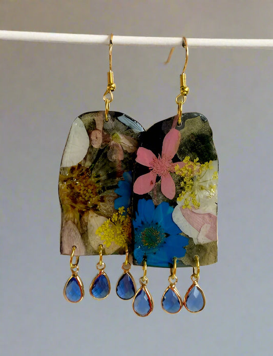 Floral Flower Fringe Organic Arch #060W25 Black Polymer Clay Blue Yellow Pink White Multi Color Dangle