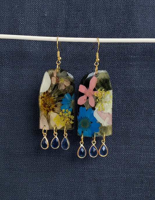 Floral Flower Fringe Organic Arch #060W25 Black Polymer Clay Blue Yellow Pink White Multi Color Dangle