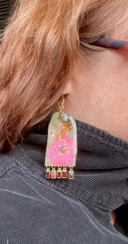 Floral Flower Fringe Organic Arch #061W25 Army Green Polymer Clay Orange Green Pink Cream Multi Color Dangle