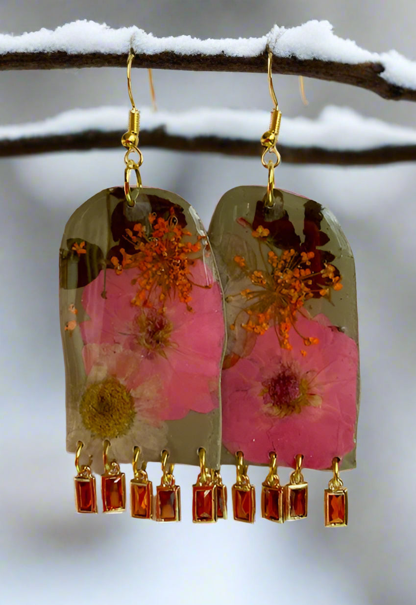 Floral Flower Fringe Organic Arch #061W25 Army Green Polymer Clay Orange Green Pink Cream Multi Color Dangle