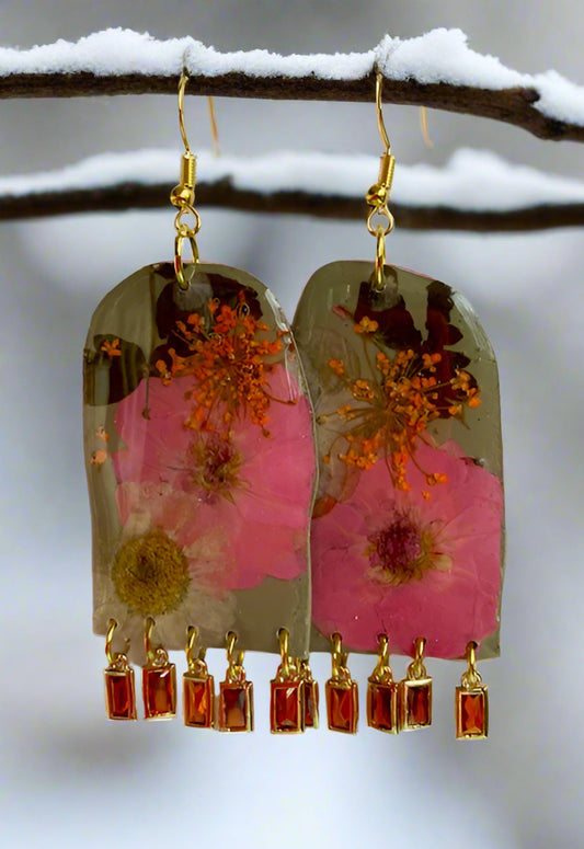 Floral Flower Fringe Organic Arch #061W25 Army Green Polymer Clay Orange Green Pink Cream Multi Color Dangle
