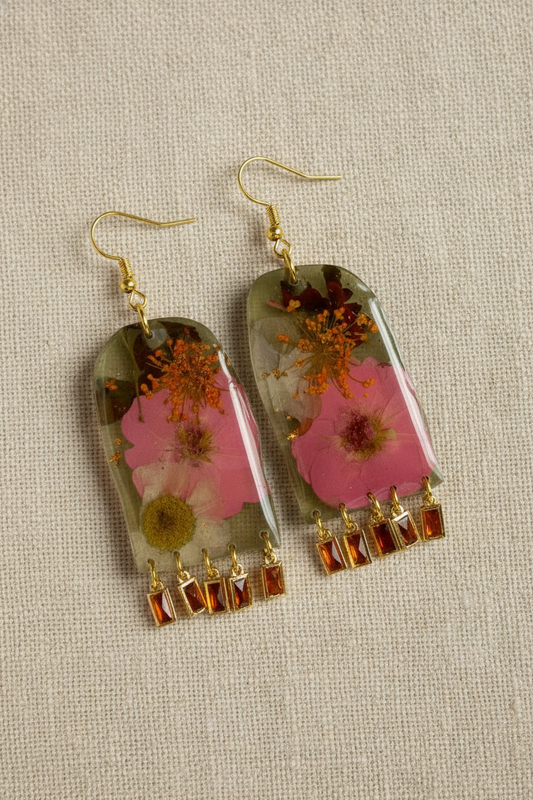 Floral Flower Fringe Organic Arch #061W25 Army Green Polymer Clay Orange Green Pink Cream Multi Color Dangle