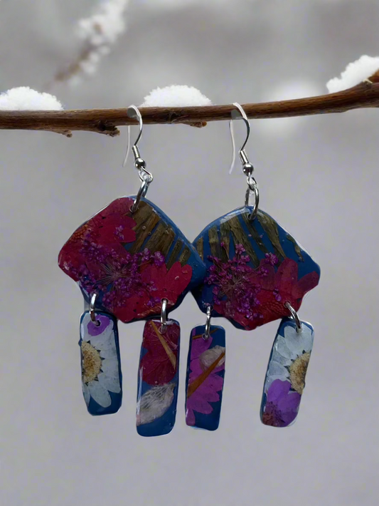 Floral Fringe Flower #042W25 Blue Polymer Clay Red Blue White Multi Color Silver Dangle