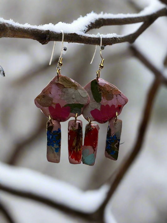 Floral Fringe Flower #046W25 Pink Polymer Clay Red Orange Yellow Pink White Multi Color Dangle