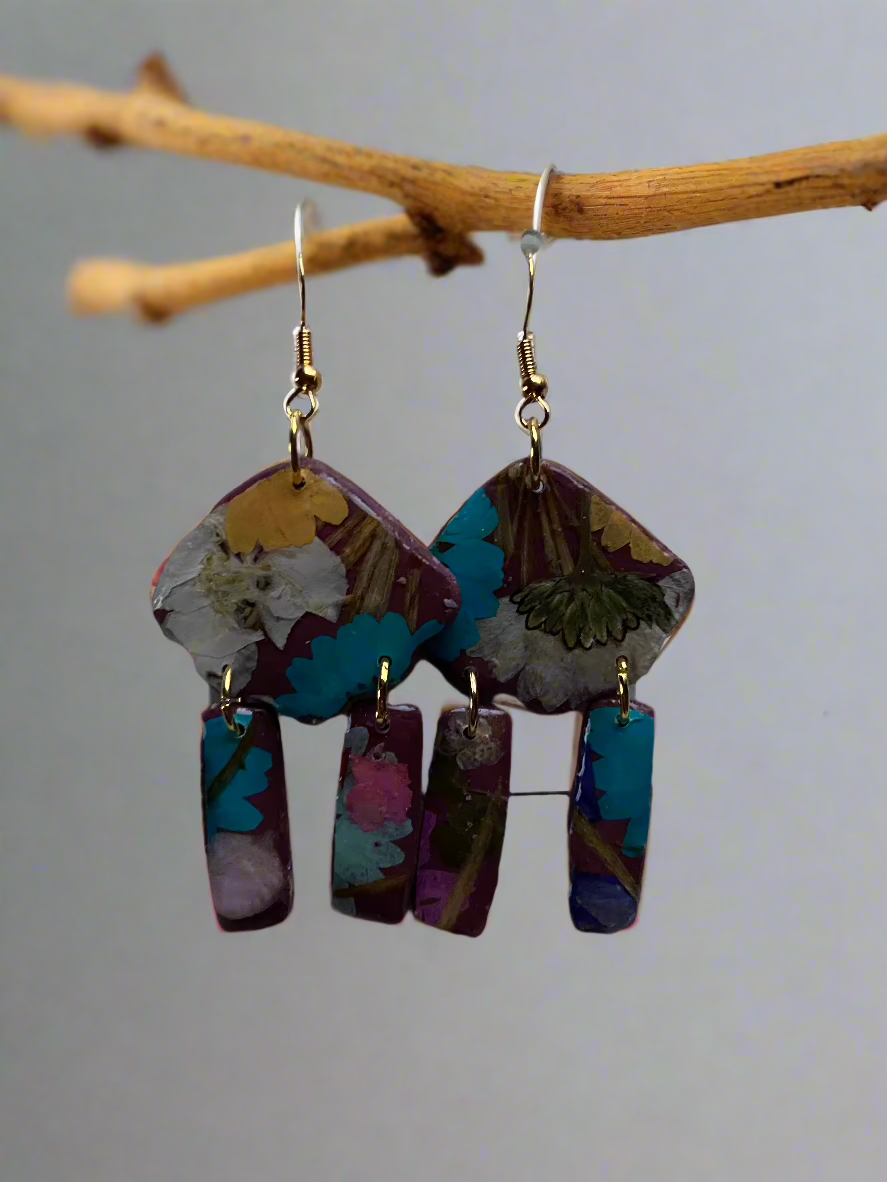 Floral Fringe Flower #048W25 Oxblood Polymer Clay Blue Yellow Pink White Multi Color Dangle