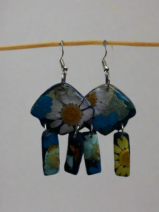 Floral Fringe Flower #047W25 Navy Blue White Yellow Multi Color Silver Dangle