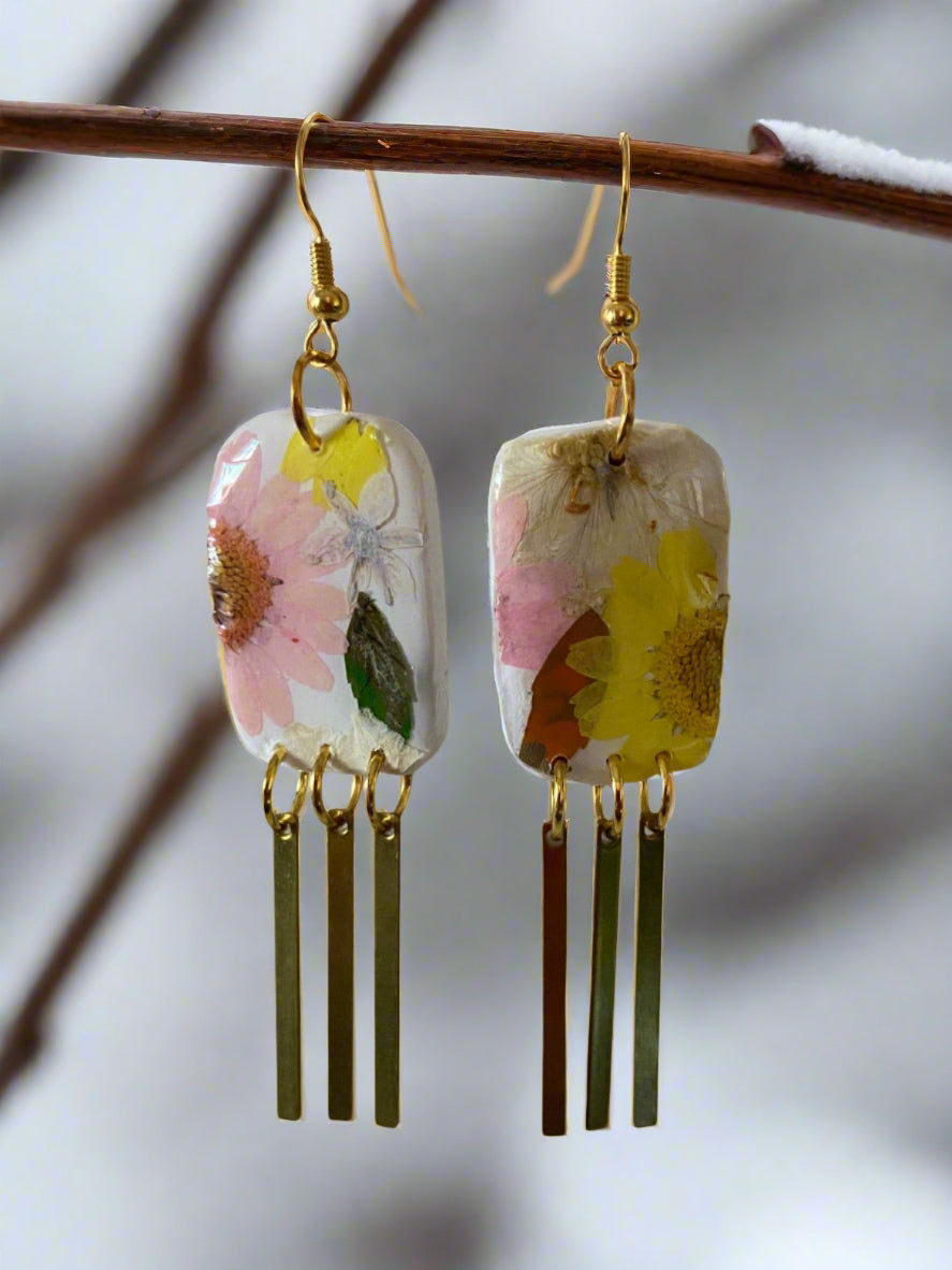 Floral #023F25 White Multi Color Rectangular Dangle