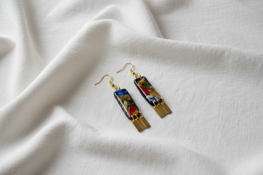 Organic Rectangle Black Red Blue Yellow Multicolored Floral Dangle w/ Brass Fringe Earrings