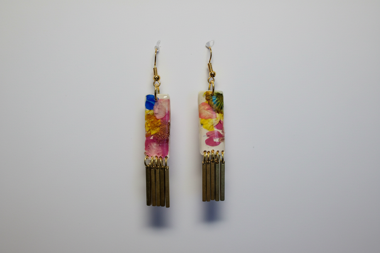 Organic Rectangle White Multi Floral Dangle w/ Brass Fringe Earrings