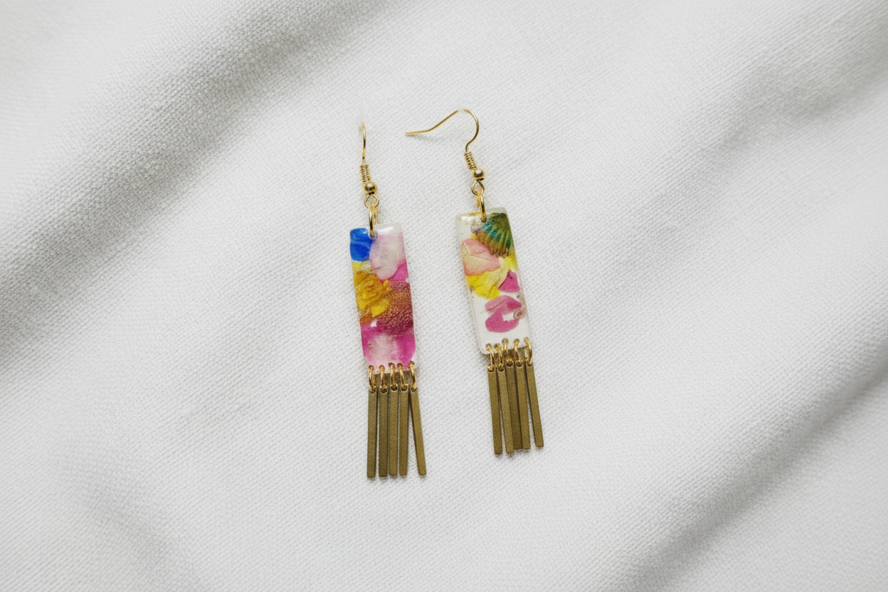Organic Rectangle White Multi Floral Dangle w/ Brass Fringe Earrings